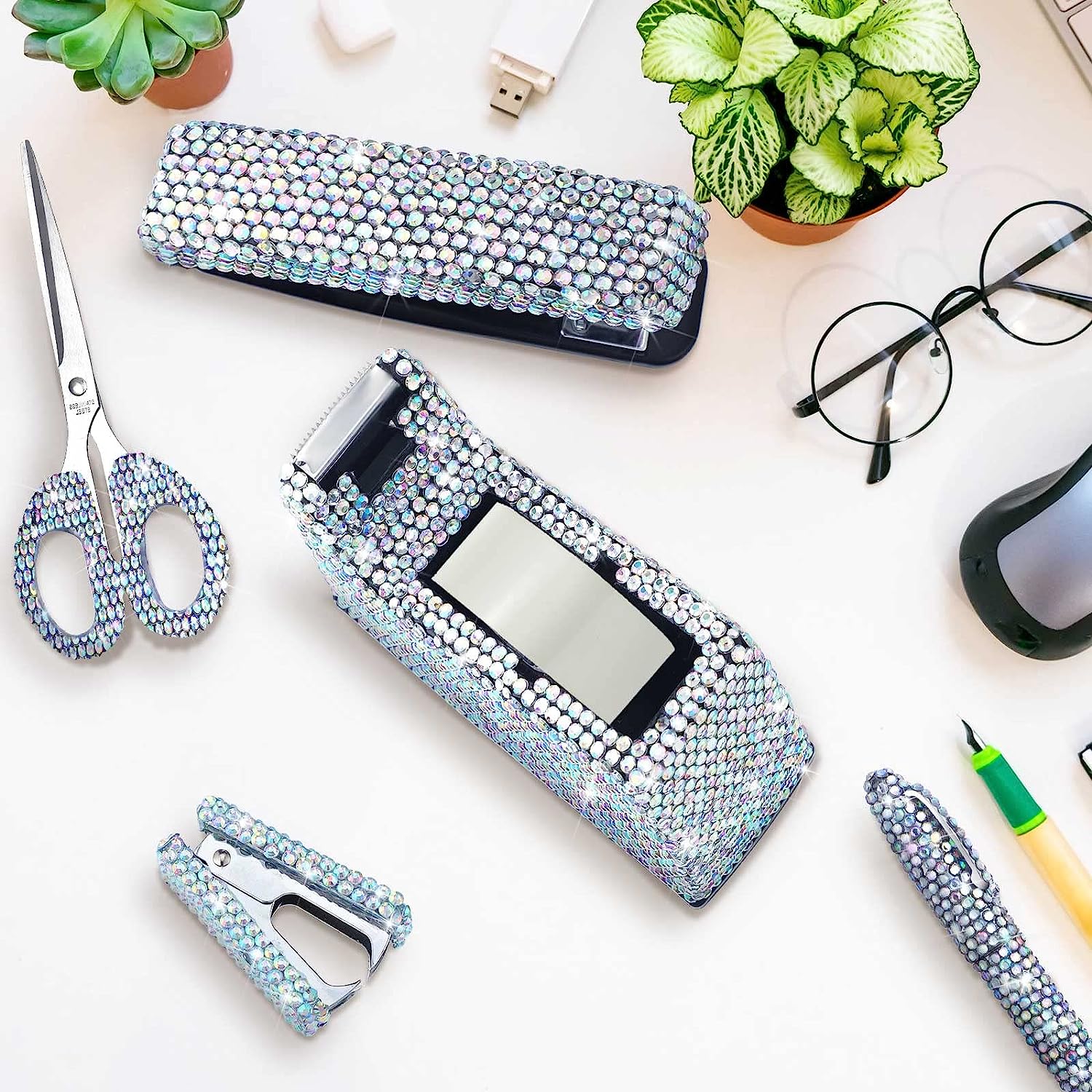 6 Pack Bling Office Stationery Set Desk Accessory Office Set Includes Pen Scissor Stapler Staple Remover 1000 Pcs Staples Tape Dispenser with Diamond Inlay for Office Home Desk Supplies (Silver) - Image 6